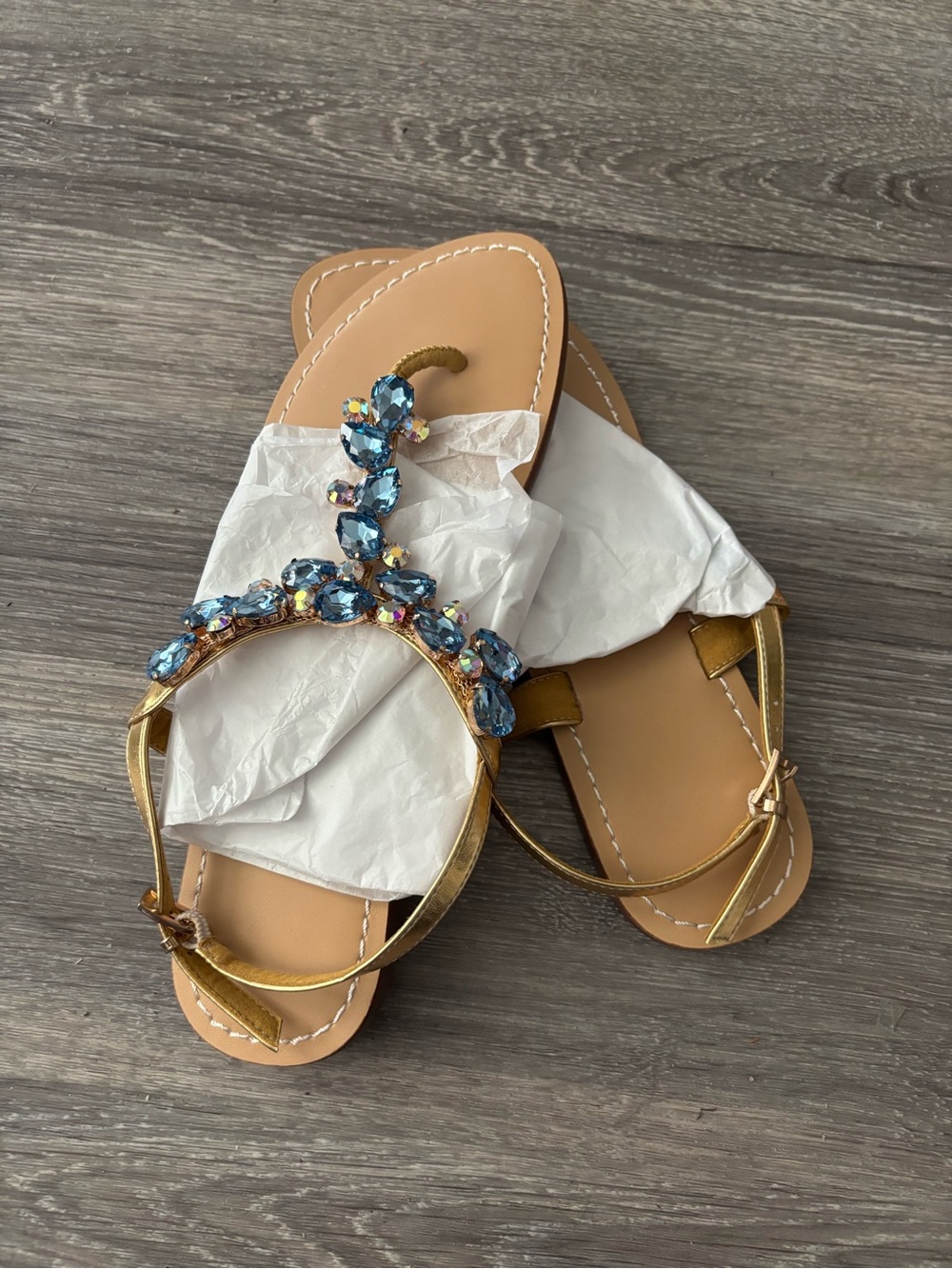 Gold Embellished Sandal with Blue Crystal Accents - Women